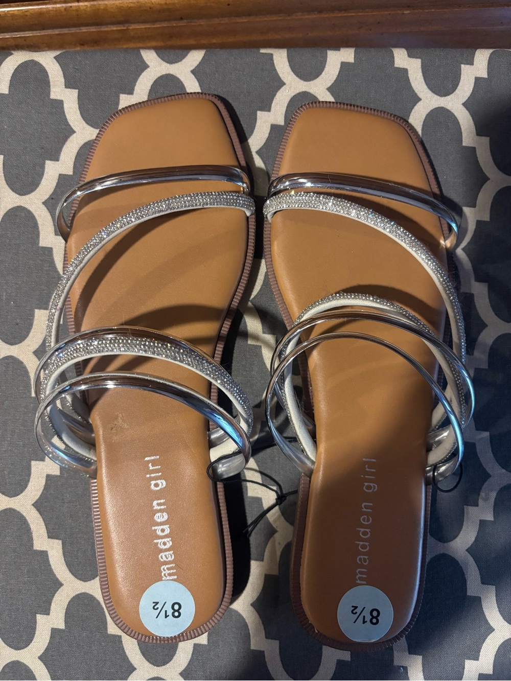 NWOT Madden Girl Silver Multi-Strap Rhinestone Slide Sandals with Tan Footbed